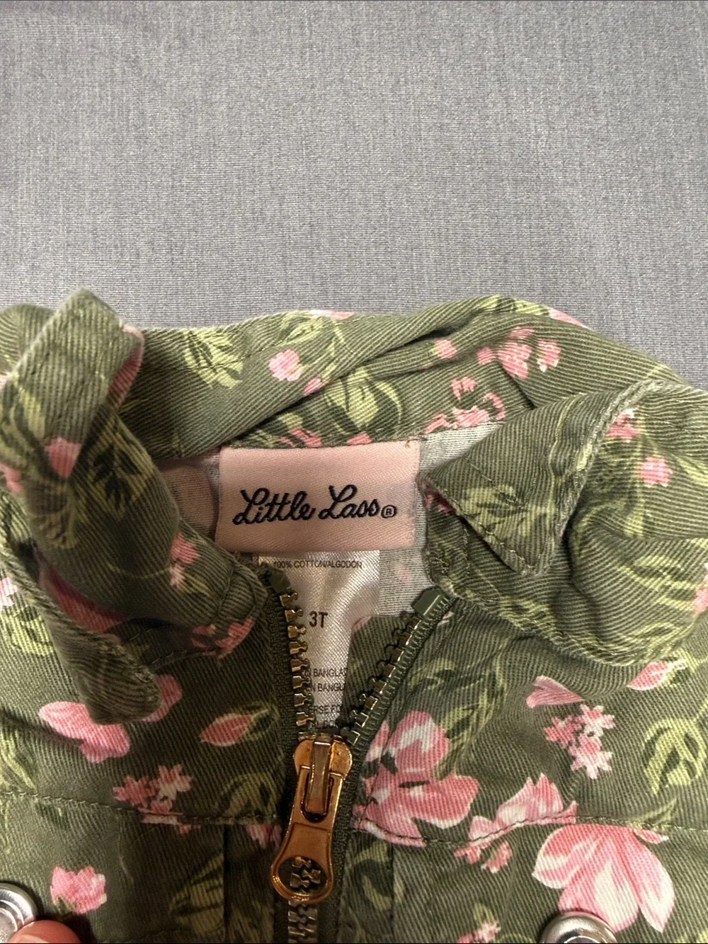 Little Lass Olive Green Jacket with Pink Floral Accents